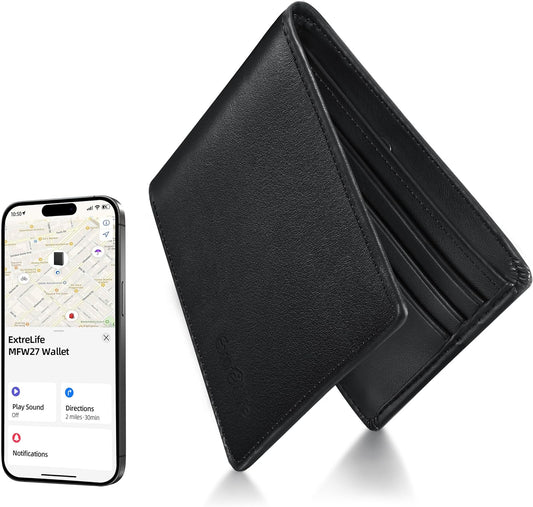 Wallet for Men, Built-in Bluetooth Tracker with Apple Find My (iOS Only), RFID Blocking Bifold Mens Air Tag Wallet with GPS Tracker, Rechargeable Wallets Finder, Gift for Him, Carbon Black