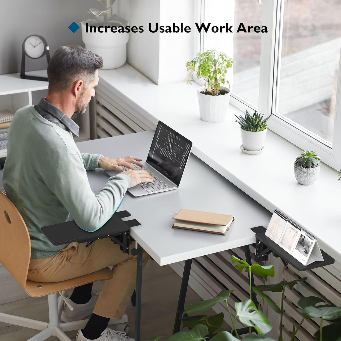 BONTEC Desk Extender Tray, 11.8"x5.9" Table Mount Arm Wrist Rest Shelf, 90°Foldable Elbow Support, Clamp on Computer Arm Rest for Desk, Office & Home Use, Durable & Easy to Install, Black Carbon Fiber