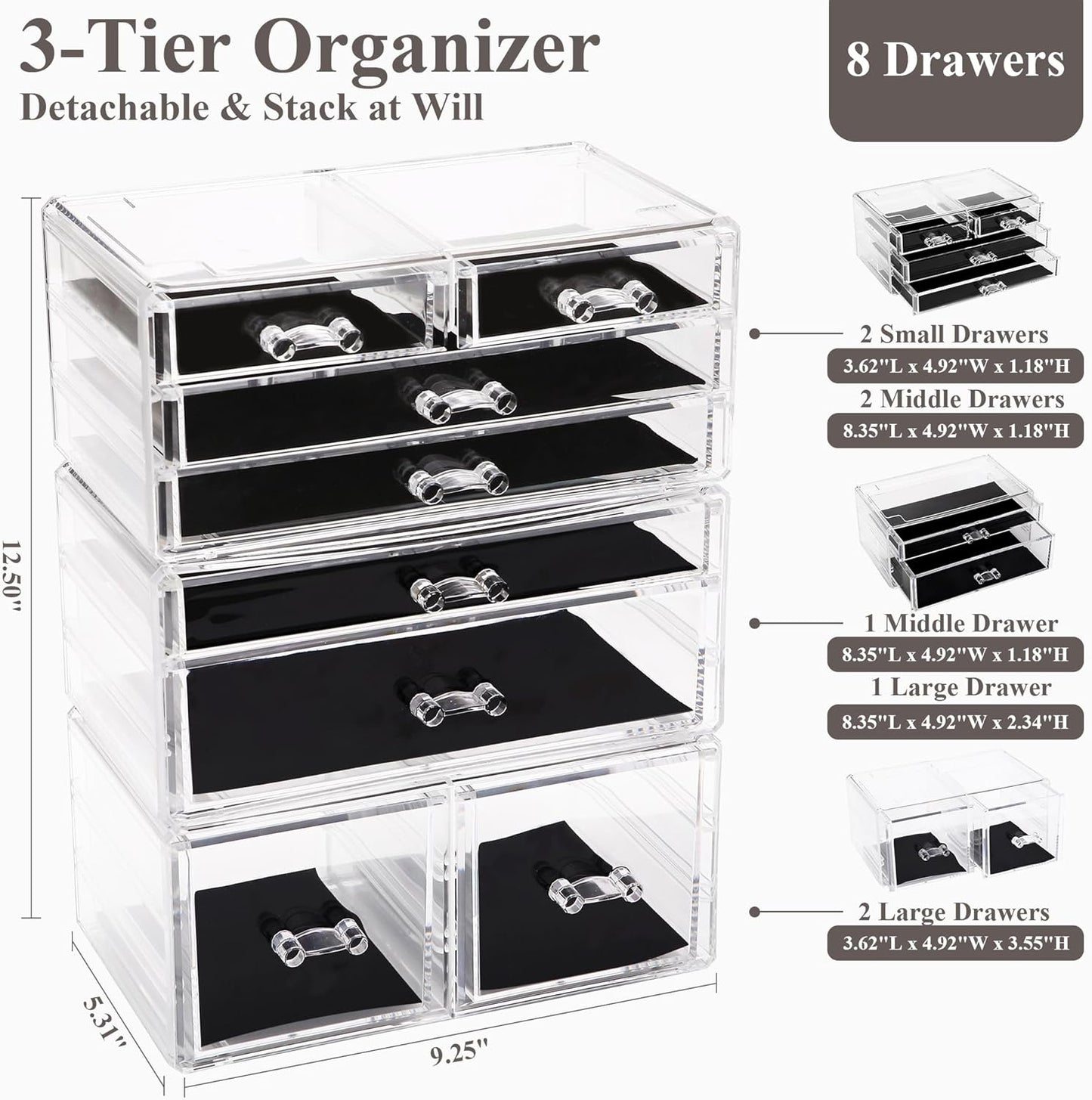 Sea Team Clear Makeup Organizer with Drawers, Acrylic Plastic Cosmetic Display Case, Jewelry Storage Box, Holder for Dresser, Bathroom, Vanity, Countertop (3 Middle Drawers)