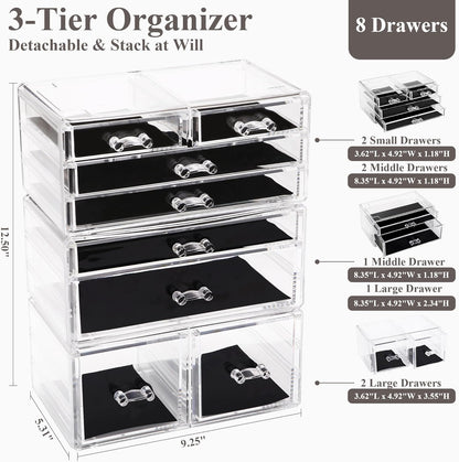Sea Team Clear Makeup Organizer with Drawers, Acrylic Plastic Cosmetic Display Case, Jewelry Storage Box, Holder for Dresser, Bathroom, Vanity, Countertop (3 Middle Drawers)