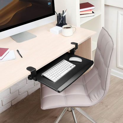 EHO Large Ergonomic C-Clamp Keyboard Tray Mount Under Desk with Wrist Rest, Slide-Out Platform 27.5" (31.8" Including Clamps) x 12.5", Pull Out Keyboard & Mouse Tray for Home or Office, Black