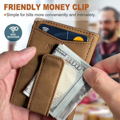 miyozi Airtag Wallet for Men- with Money Clip Gift Boxed, Magnetic Closure Slim Genuine Leather Front Pocket Wallet, 4.1"x 2.8", RFID Blocking