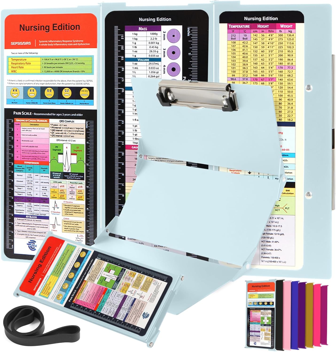 Nursing Clipboard Foldable with Medical Edition Cheat Sheets, 3 Layers Aluminum Foldable Clipboard for Nursing, Notepad for Students, Nursing School Essentials (Black)
