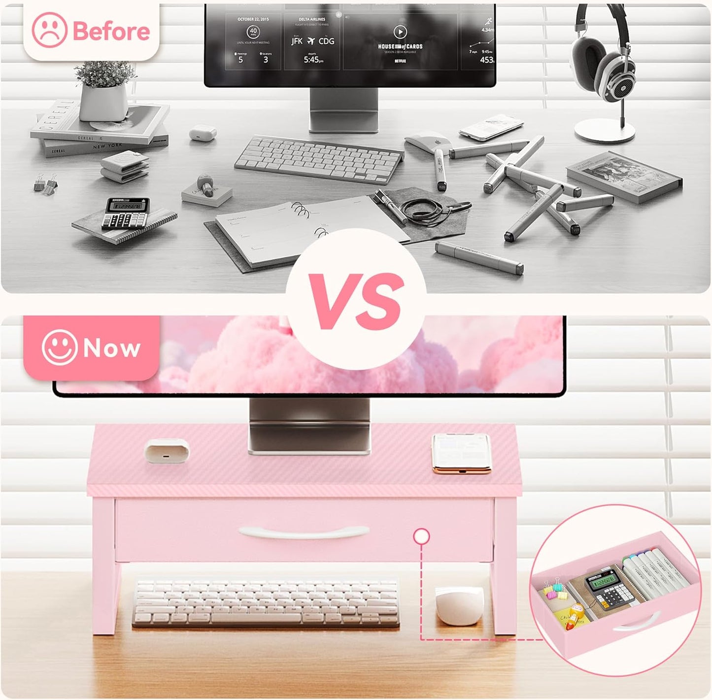 Computer Monitor Stand Riser, Desk Organizers and Accessories with Drawer, 2-Tier Laptop Stand for Desk, Office Organizer Storage, Wood