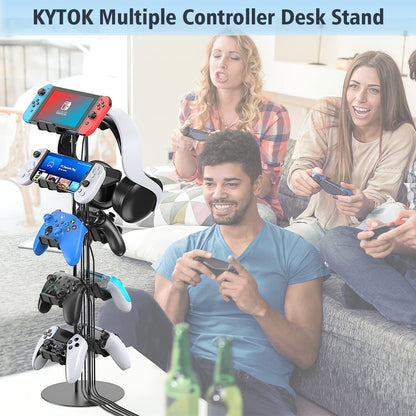 Kytok Controller Stand 4 Tiers with Cable Organizer for Desk, Universal Headphone Stand Compatible with Xbox PS5 PS4 Console Nintendo Switch, Headset Holder & Desk Mounts for 8 Packs Controller