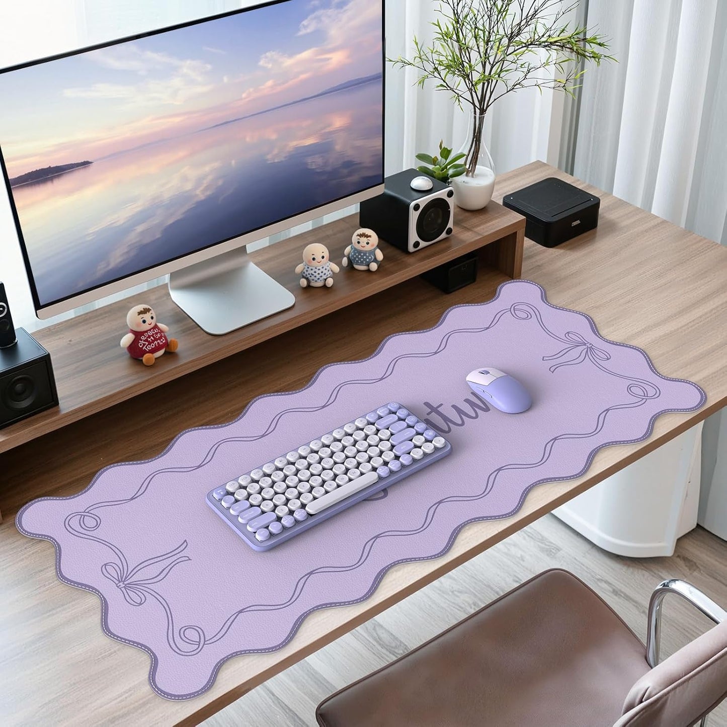 iCasso Pink Leather Desk Mat,Extra Large Scalloped Mouse Pad for Desktop,Waterproof PU Nail Table Mat,Cute Keyboard Mats for Women Girl,Non-Slip Desk Cover Mat for Office Home Dorm