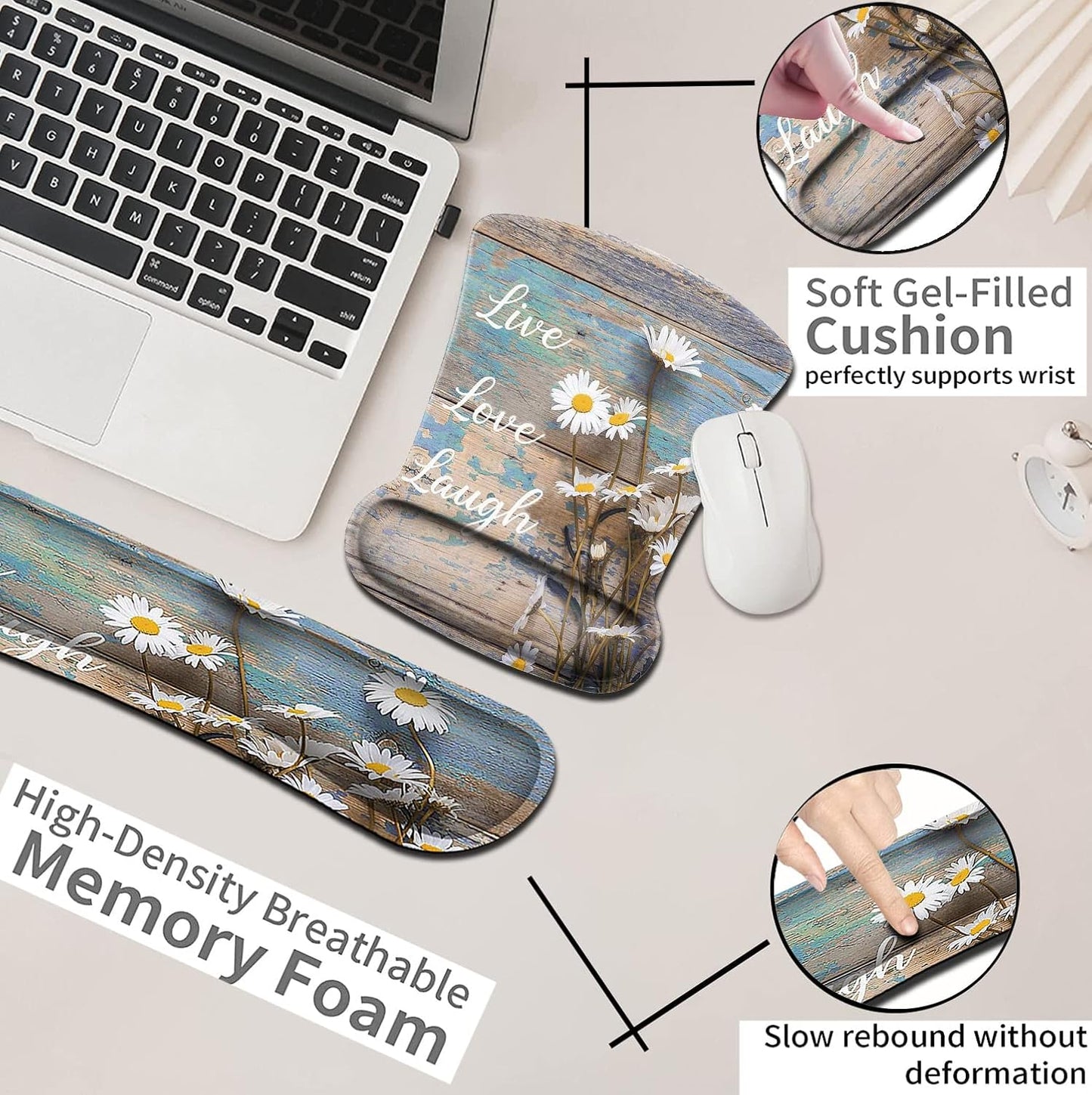 Mouse Pad with Wrist Support, Ergonomic Gel Mouse Pad Beautiful Flowers,Non-Slip Durable, Memory Foam Keyboard Wrist Rest, Suitable for Office Typing Games, Pink Hyacinths on Wood Panel