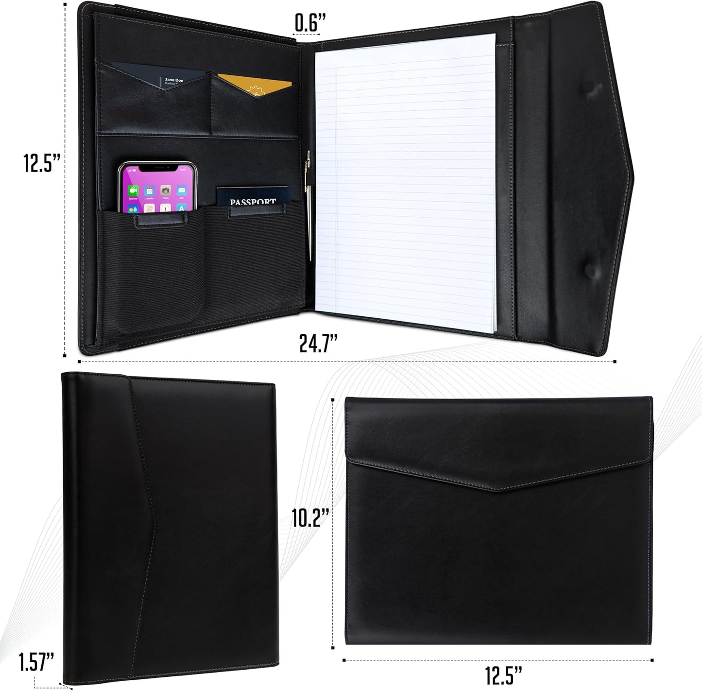 STYLIO Padfolio Portfolio Organizer Binder | Interview Resume Folder, Legal Document, Business Card Holder |w/Letter-Sized Notepad | Handsome Piano Noir Faux Leather Folio Matte Finish, Accent Stitch