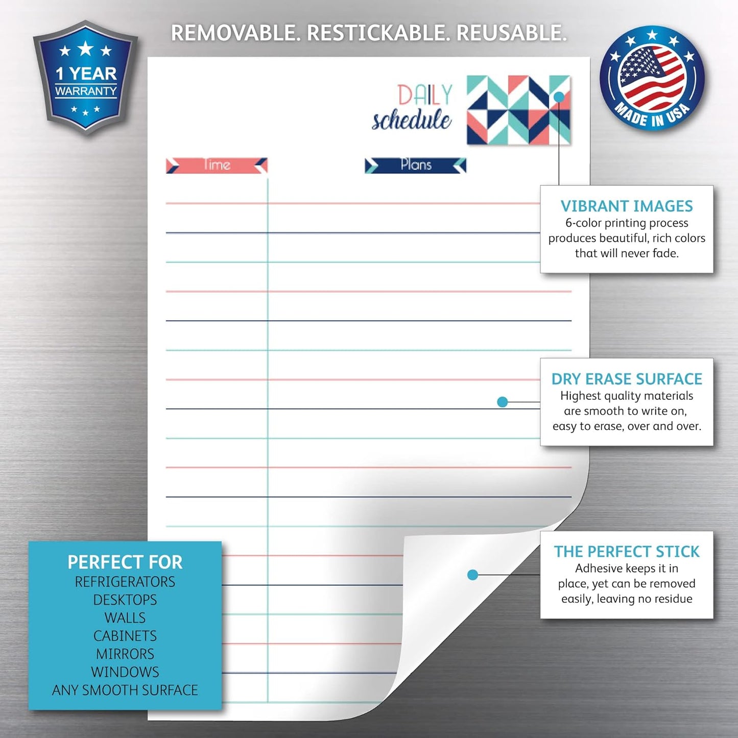 Dry Erase Daily Schedule Planner Sticker Decal by Glassboard Studio | Removable & Reusable | Magnetic Fine-Tip Marker Included (9 x 12 inches, White)