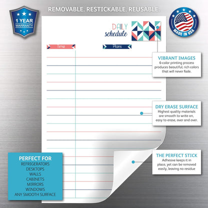 Dry Erase Daily Schedule Planner Sticker Decal by Glassboard Studio | Removable & Reusable | Magnetic Fine-Tip Marker Included (9 x 12 inches, White)