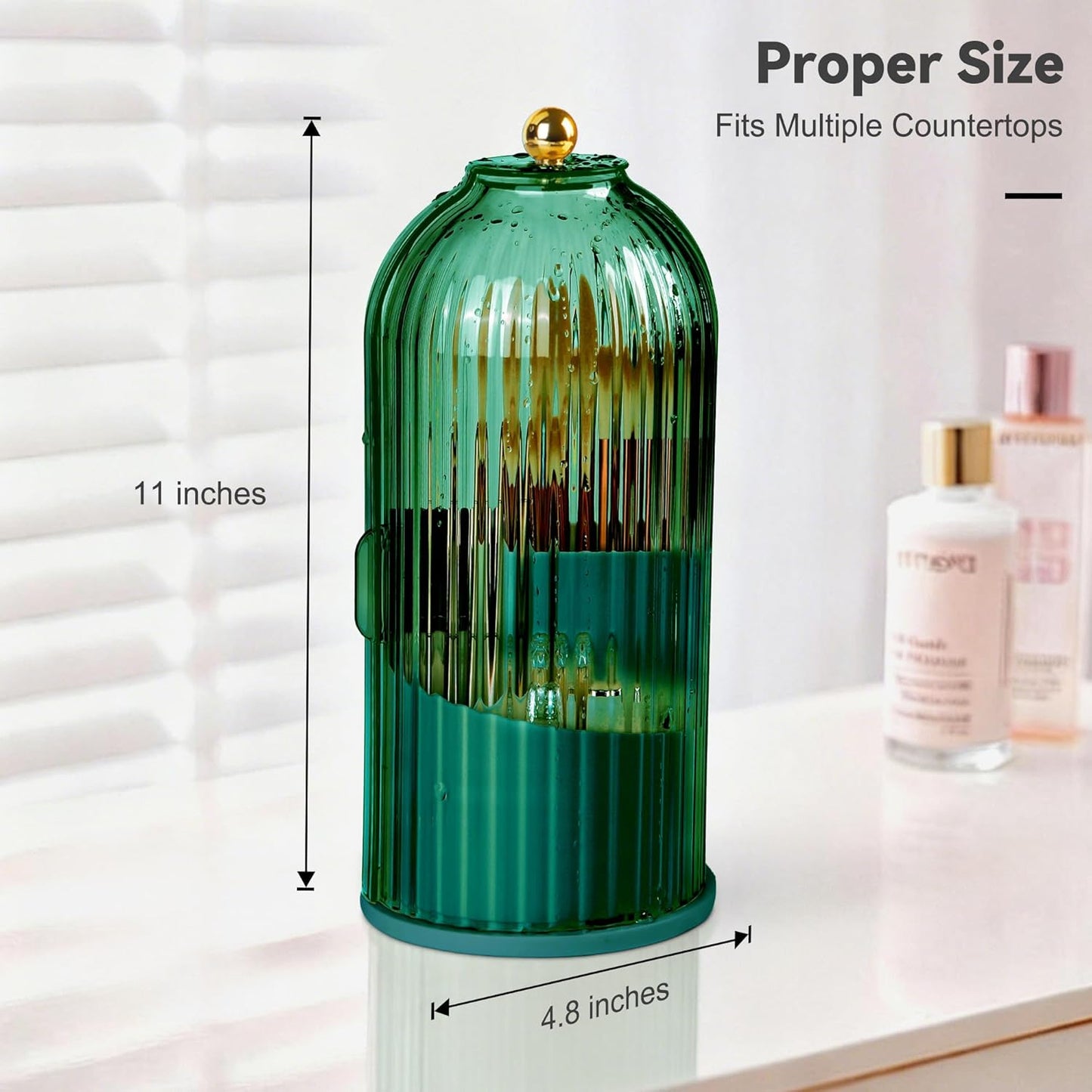 Hvygss 360° Rotating Makeup Brush Holder with Lid, Waterproof Three-Compartment Makeup Organizer, 180° Side-Pull Door Desk Organizer, Dustproof Brush Holder for Vanity and Bathroom (Transparent)