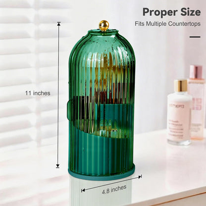 Hvygss 360° Rotating Makeup Brush Holder with Lid, Waterproof Three-Compartment Makeup Organizer, 180° Side-Pull Door Desk Organizer, Dustproof Brush Holder for Vanity and Bathroom (Transparent)