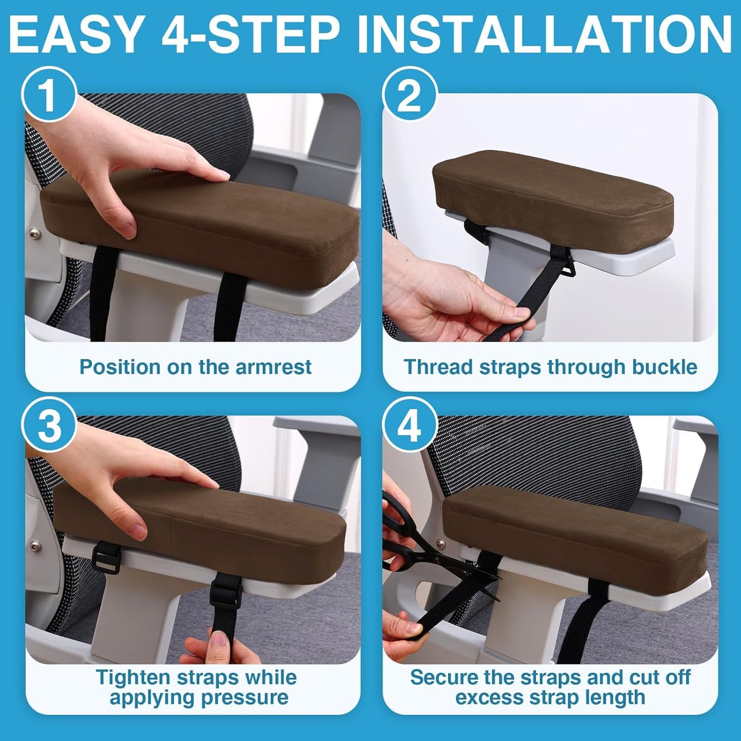 Smiry Ergonomic Office Chair Armrest Pads, Memory Foam Arm Rest Covers, Non-Slip Armrest Cushion with Adjustable Buckles and Straps, Elbow Relief for Desk, Gaming & Wheelchair (Black, Set of 2)