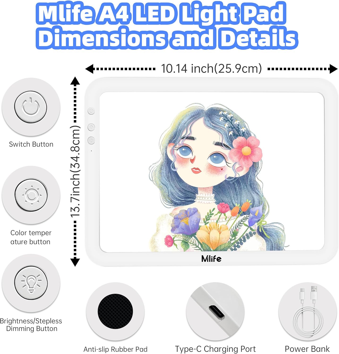 Mlife A4 Rechargeable Tracing Light Pad,Stepless dimming,Six Brightness Settings Up to 8860 Lumens,Cordless and Portable Drawing Light Board for Tracing,Weeding Vinyl,Sketching,Diamond Art(White)
