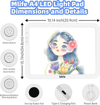 Mlife A4 Rechargeable Tracing Light Pad,Stepless dimming,Six Brightness Settings Up to 8860 Lumens,Cordless and Portable Drawing Light Board for Tracing,Weeding Vinyl,Sketching,Diamond Art(White)
