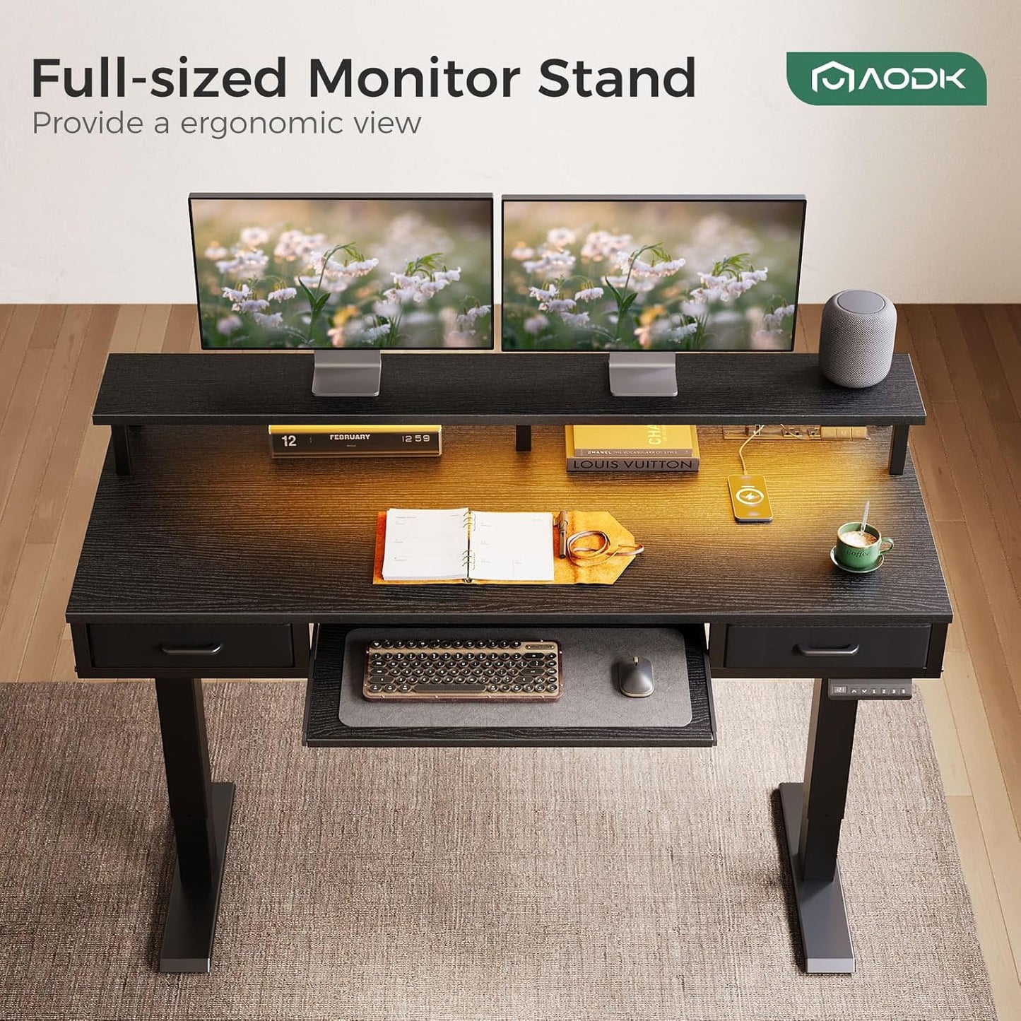 AODK Electric Standing Desk with Drawers & Keyboard Tray, 55 Inch Height Adjustable Gaming Desk with Power Outlets & LED Lights, Sit Stand Table with Monitor Stand for Home, Office, Rustic Brown
