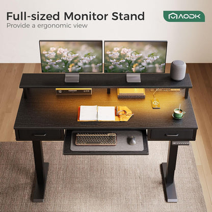AODK Electric Standing Desk with Drawers & Keyboard Tray, 55 Inch Height Adjustable Gaming Desk with Power Outlets & LED Lights, Sit Stand Table with Monitor Stand for Home, Office, Rustic Brown