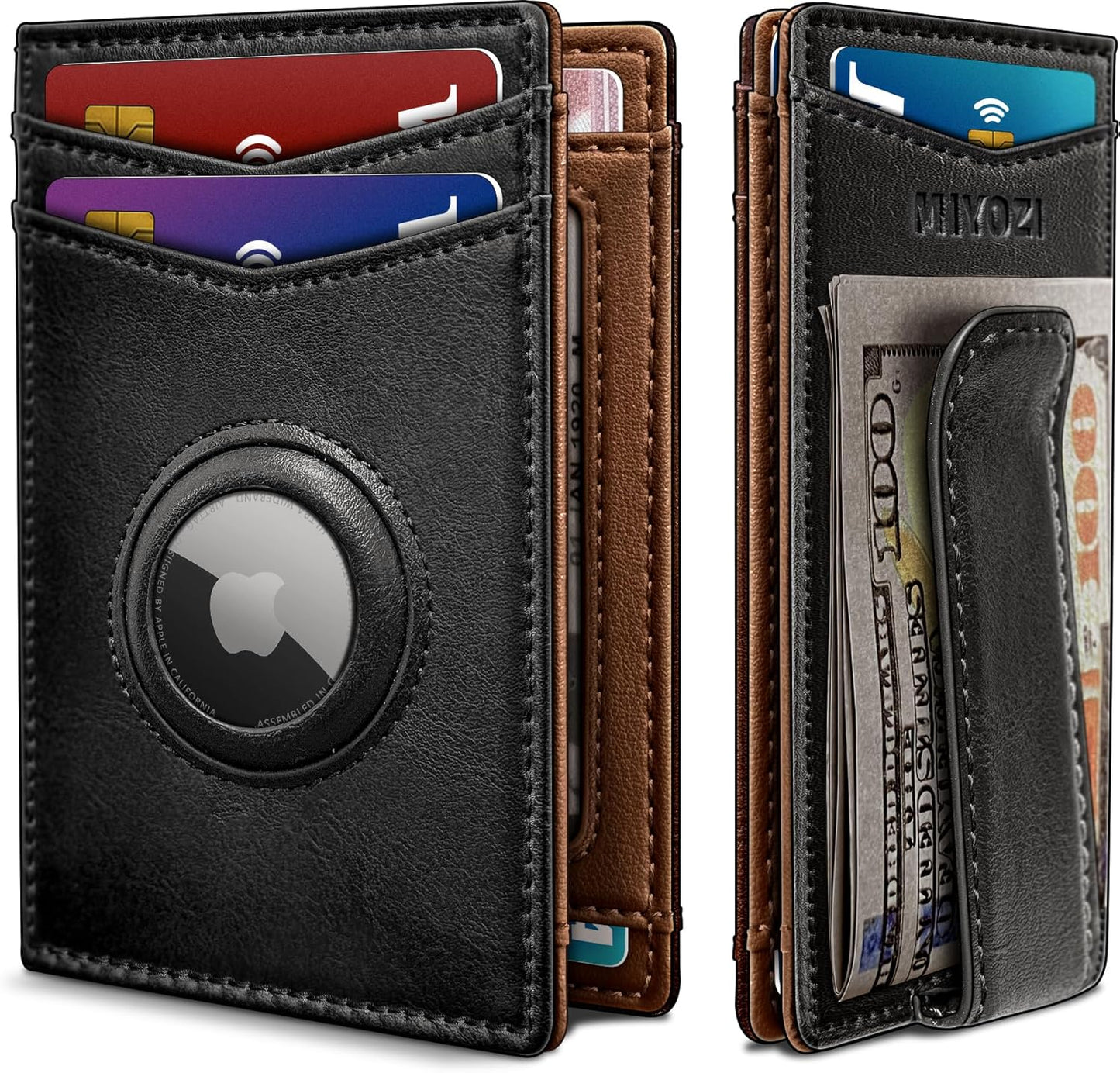 miyozi Airtag Wallet for Men- with Money Clip Gift Boxed, Magnetic Closure Slim Genuine Leather Front Pocket Wallet, 4.1"x 2.8", RFID Blocking