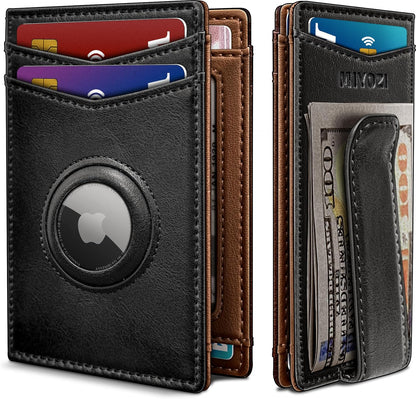 miyozi Airtag Wallet for Men- with Money Clip Gift Boxed, Magnetic Closure Slim Genuine Leather Front Pocket Wallet, 4.1"x 2.8", RFID Blocking