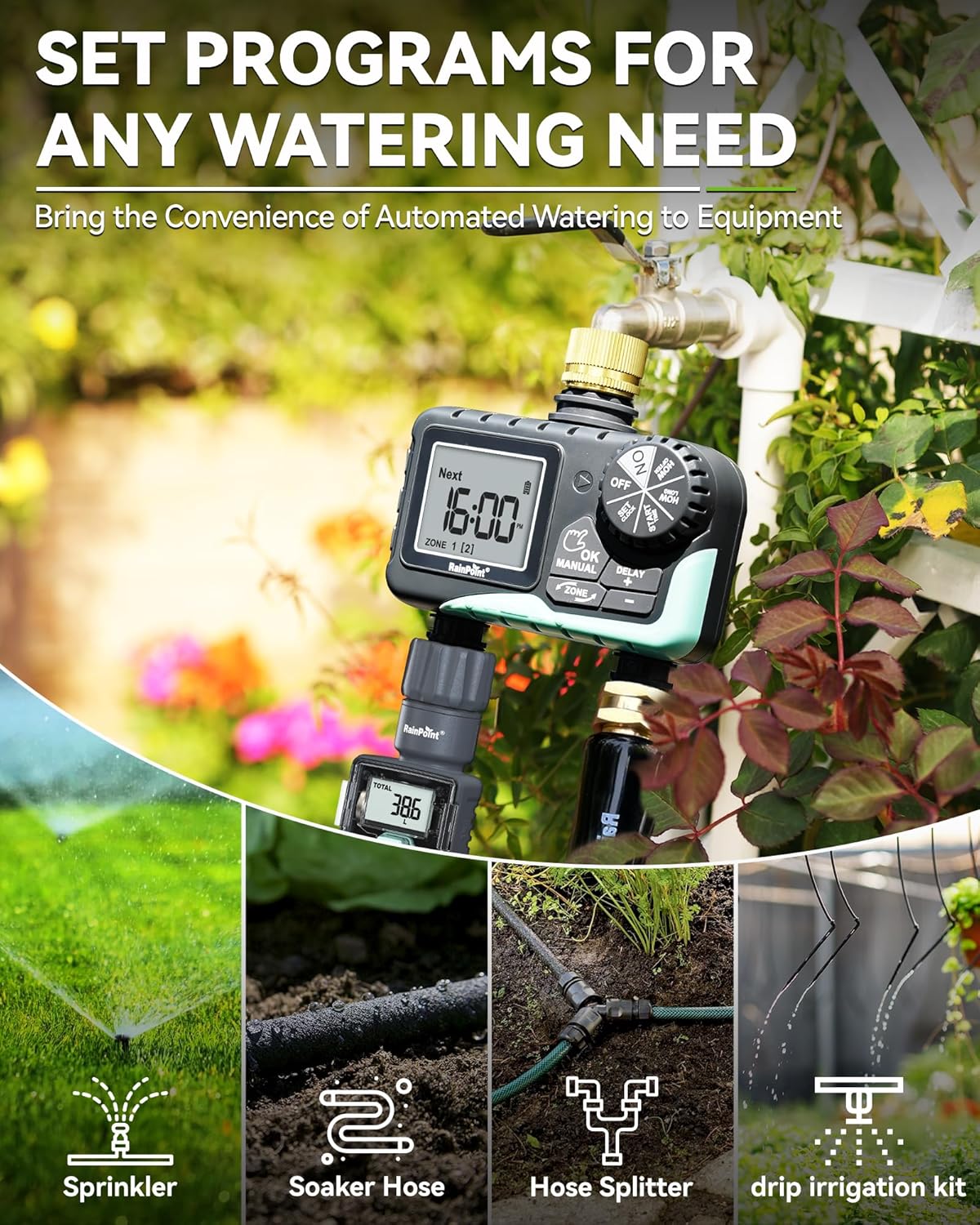 RAINPOINT Water Timer for Garden Hose - Sprinkler Timer with Brass Swivel - Rain Delay/Manual Watering/Automatic Irrigation Programmable Faucet for Yard, 2 Outlet