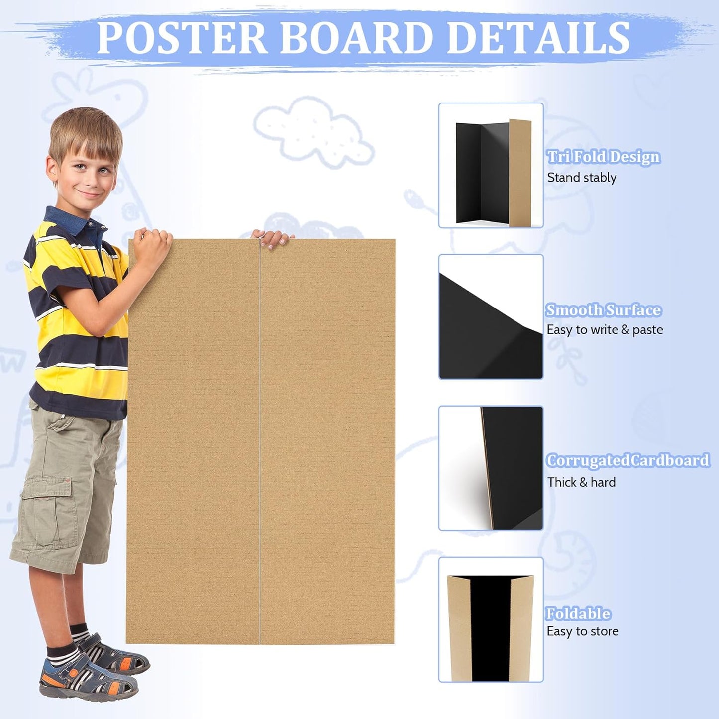 AKONEGE 2 Pack 36" x 48" Trifold Poster Board for Presentation, White Corrugated Cardboard Large Tri Fold Poster Board for Science Fair, Office & School Projects, Photo Displays, Exhibitions Event