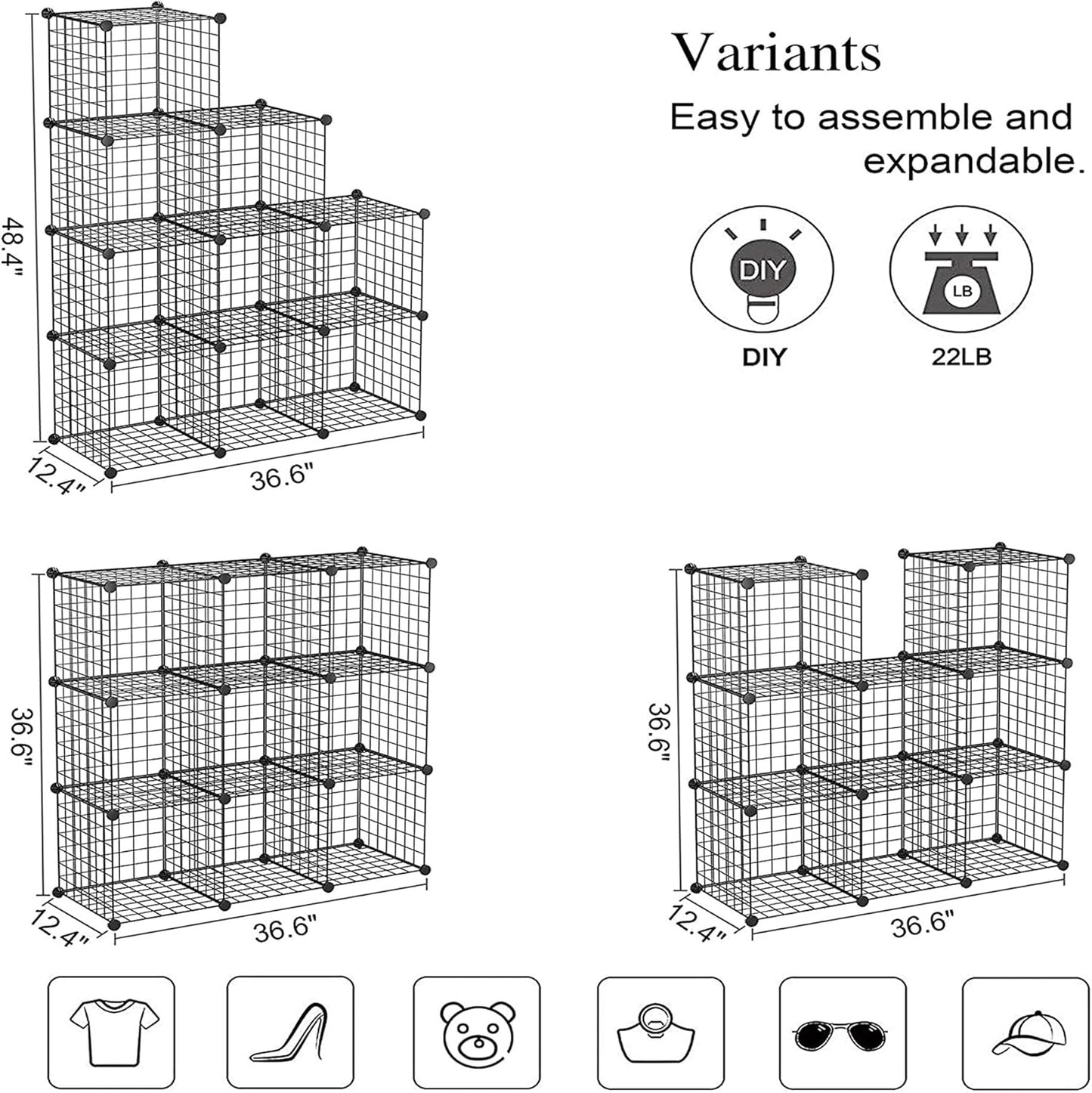 C&AHOME Wire Cube Storage, 6 - Cube Organizer Metal C Grids, Modular Shelves Units, Storage Bins Shelving, Closet Organizer, Ideal for Home, Office, Living Room, 36.6”L x 12.4”W x 36.6”H Black