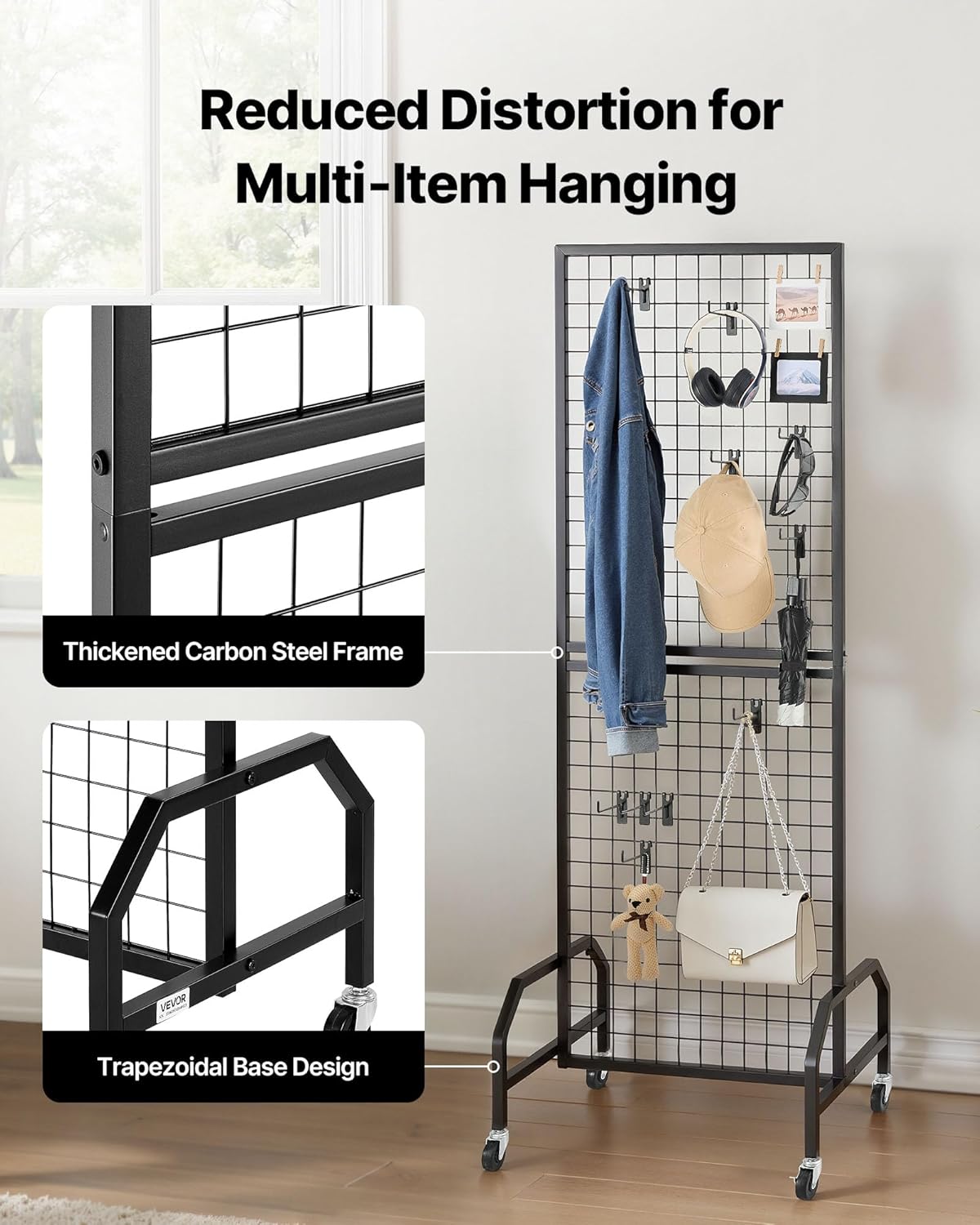VEVOR 3 Packs Grid Wall Panels, 1.9 x 5.4 ft Wire Grid Panels Display Rack, Movable Art Display Shelf with Wheels and 30 Hooks, Black Carbon Steel Gridwall for Craft Show, Decor, Storage, Notice Board