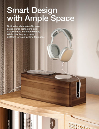 TIDITA Acacia Wood Cable Management Box Round Edge - 16" L Wooden Cable Organizer Box for Electrical Hiding Cord Management - Power Strip Hider Cable Storage Box for Office, Router Wires, Under Desk