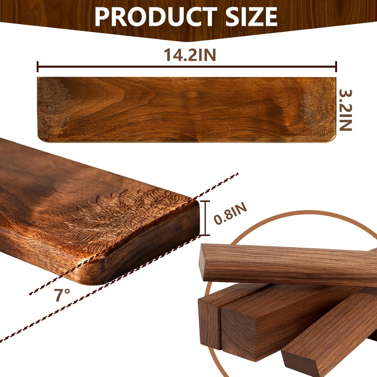 14.2in Walnut Wooden Wrist Rest for 87-Key/TKL Keyboards – Premium Ergonomic Palm Support, Natural Smooth and Comfort Desk Setup Wrist Pad with No-Slip Rubber Base – Office Typing & Gaming Accessory