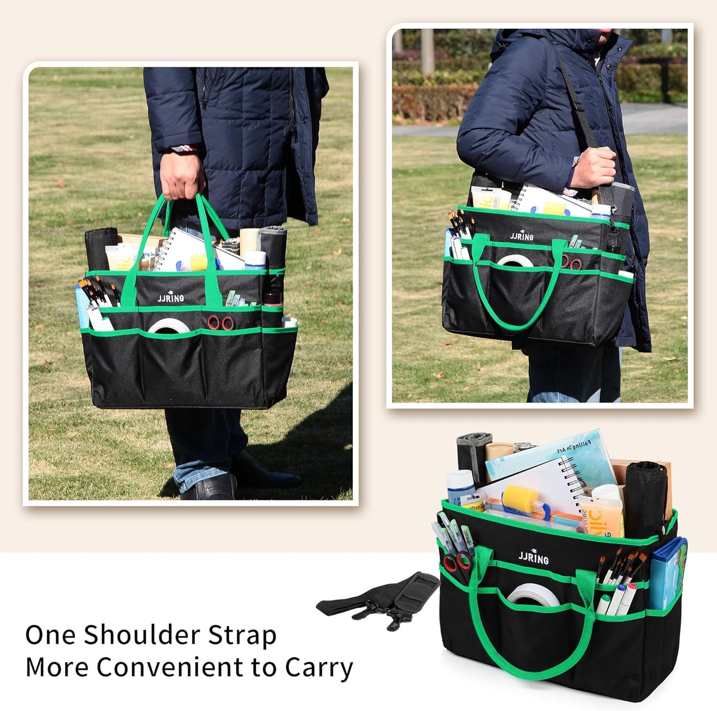 Jjring Craft and Art Organizer Tote Bag - 600D Silver Nylon Fabric Art Caddy with Pockets - for Art, Craft, Sewing, Medical, and Office Supplies Storage