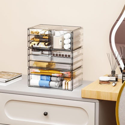 Yieach 2 Pack Acrylic Drawer Organizer With 6 Drawers,Stackable 11.1” Large Clear Storage Drawers and Makeup Organizer For Vanity,Bathroom Countertop,Cabinet,Pantry,Office Supply Storage Bins Drawers