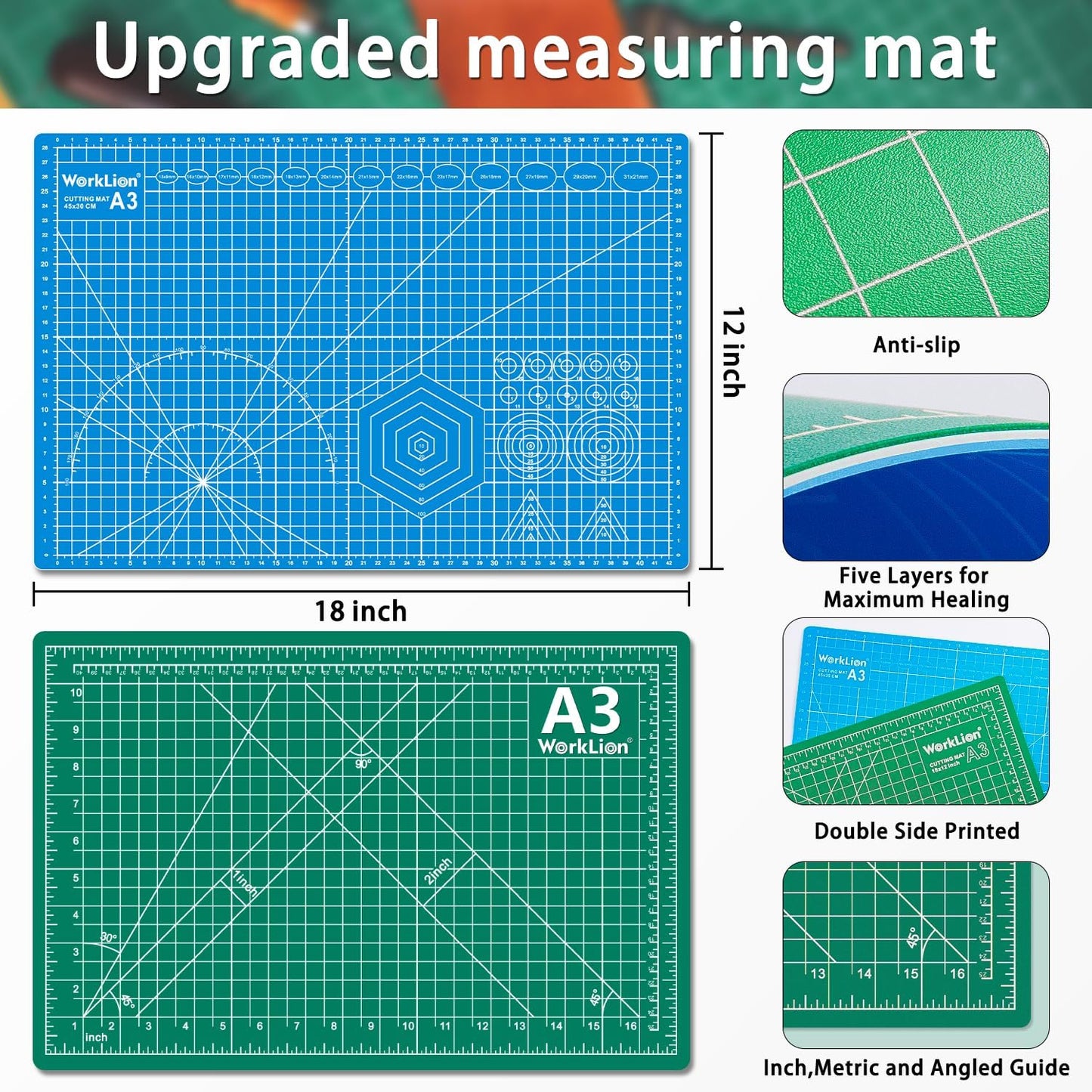 Worklion Self Healing Cutting Mat for Craft-Thickened 18inch x 12inch fabric sewing mat for quilting,rotary cutting, nonslip