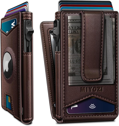 miyozi Airtag Wallet for Men Money Clip 9-Card Pop-Up Credit Card Holder with ID Window RFID Blocking Metal Case Magnetic Closure Front Pocket Wallet Gift Box | with Money Clip