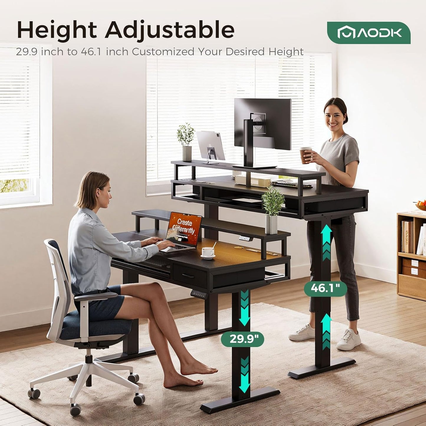 AODK Electric Standing Desk with Drawers & Keyboard Tray, 55 Inch Height Adjustable Gaming Desk with Power Outlets & LED Lights, Sit Stand Table with Monitor Stand for Home, Office, Rustic Brown
