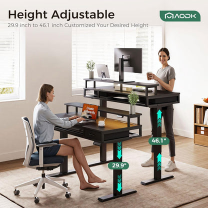 AODK Electric Standing Desk with Drawers & Keyboard Tray, 55 Inch Height Adjustable Gaming Desk with Power Outlets & LED Lights, Sit Stand Table with Monitor Stand for Home, Office, Rustic Brown