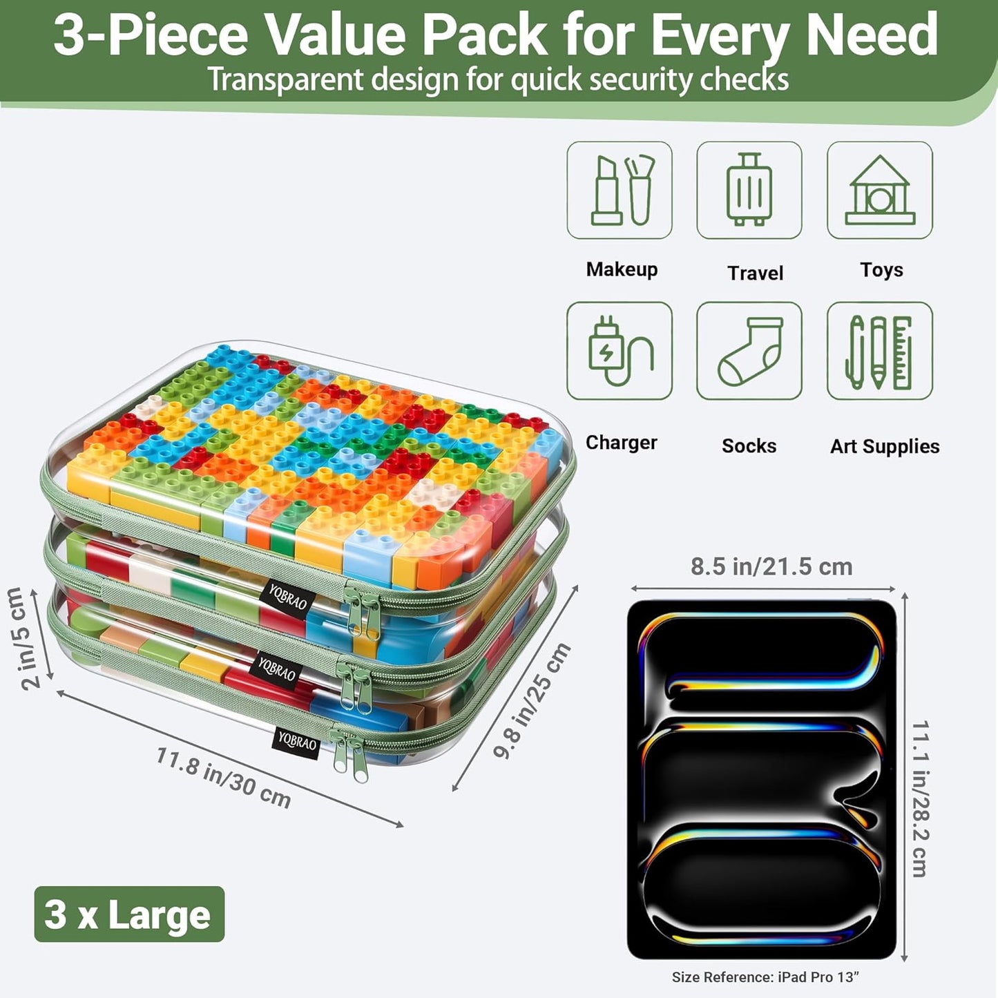 YQBRAO 6 Pack Clear Hard Shell Zipper Case, 1.2mm Heavy Duty Crush-Proof Diaper Bag Organizer Pouches, TSA Approved Travel Makeup Bag for Toiletries & Electronics, (2L, 2M, 2S) Multi-Size Storage Set