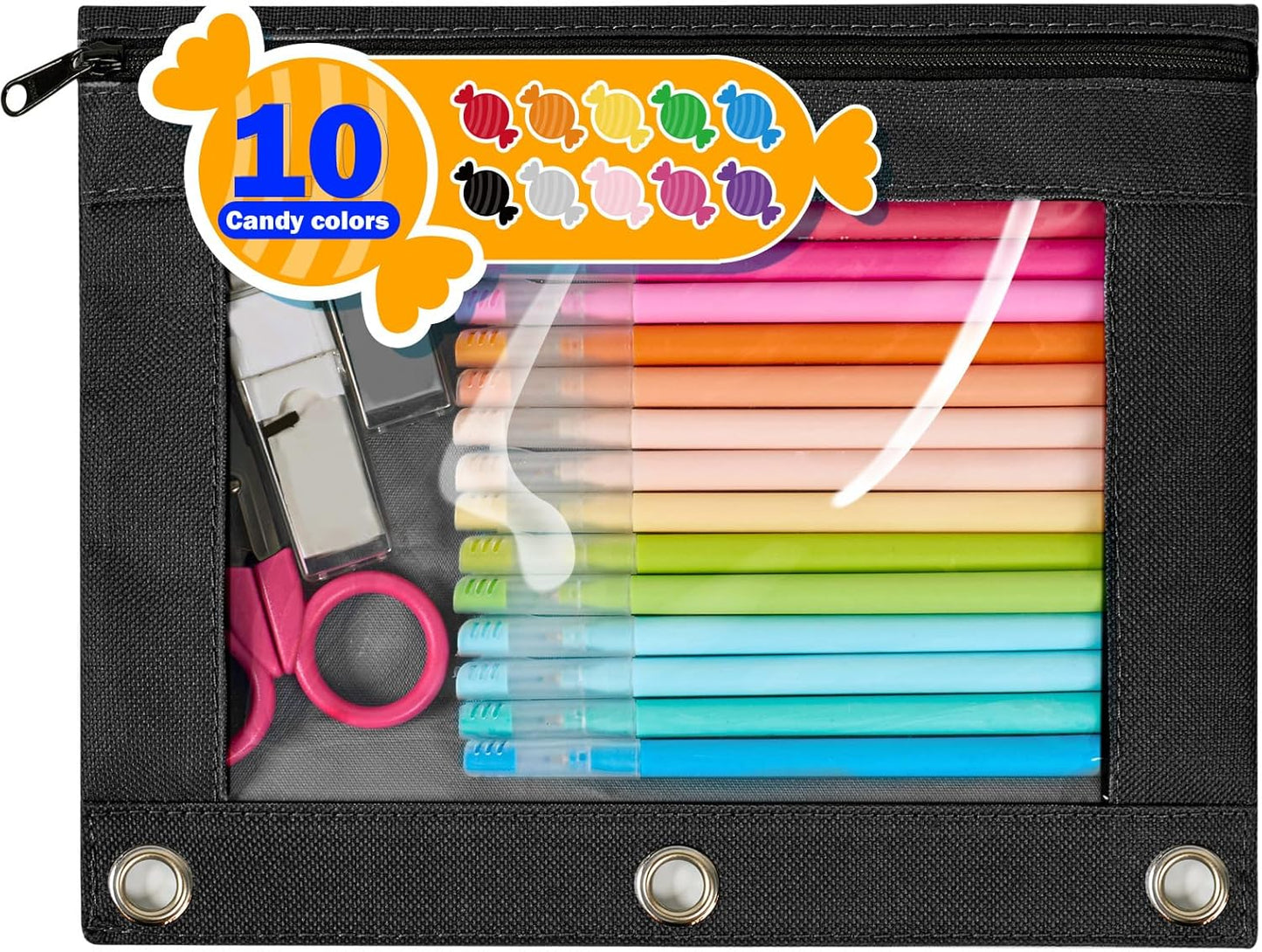 Forvencer Pencil Pouch for 3 Ring Binder, Large Pencil Case Pouch with 3 Reinforced Grommets, Pen Bag, Clear Window Pencil Case, Binder Accessories, Black
