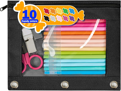 Forvencer Pencil Pouch for 3 Ring Binder, Large Pencil Case Pouch with 3 Reinforced Grommets, Pen Bag, Clear Window Pencil Case, Binder Accessories, Black