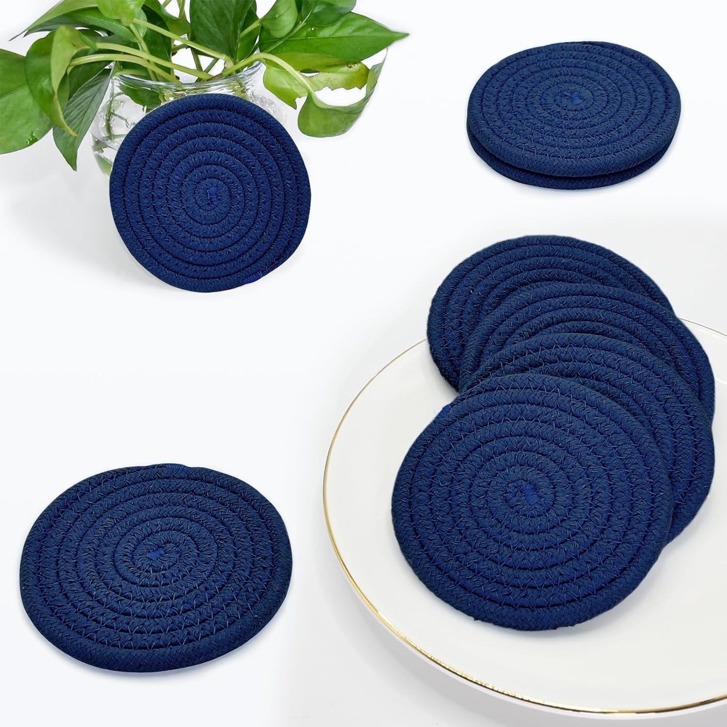 ABenkle 8 Pcs Drink Coasters with Holder, Cotton Woven Absorbent Coasters for Drinks, Minimalist Home Decor Coaster Set for Wooden Tabletop Protection Table, 4.3 inches Mixed Brown