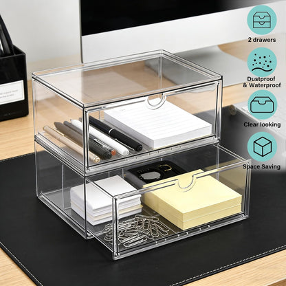 Prsildan Acrylic Drawer Makeup Organizer with 6 Drawers (Not for Baby Bottle), Set of 2 Office Desk Organizers Accessories, Clear Stackable Storage Drawers for Vanity, Craft (Largest Drawer 4" Tall)