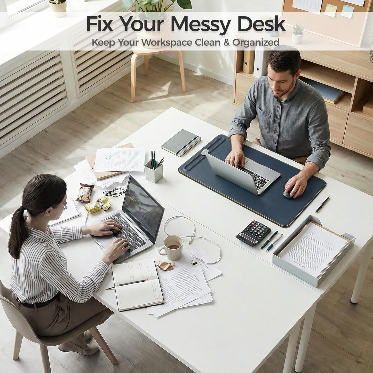 Desk Mat – Double-Sided Vegan Leather & Felt | Built-In Magnetic Cable Organizer & File Storage | Premium Workspace Pad for Office, Gaming & Creative Professionals-（Brown）