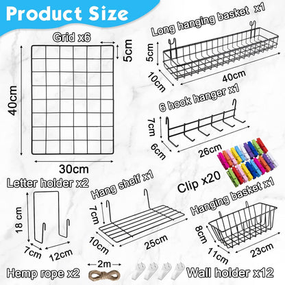 6 Pack 16 x 12 Inch Black Wall Grid Wire Panel with Accessories 1 Black Hanging Wire Basket, 1 Shelf, 1 Hook Rack, 2 Letter Sorter Shelf, 20 Clips, 12 Non Trace Nail, 2 Hemp Rope, Photo Home Decor