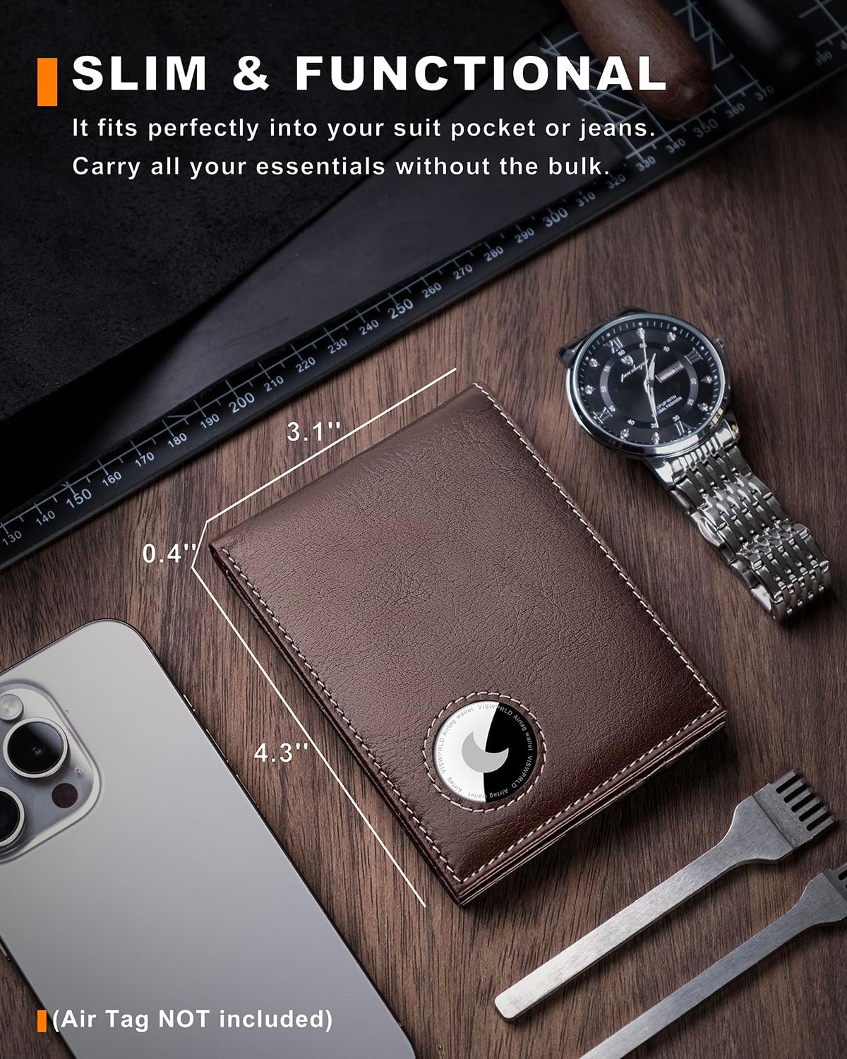 Men's Wallet with Airtag Holder, Bifold Full-Grain Leather Wallet for Apple Air Tag (1st & 2nd Generation), Slim Wallet for Men with RFID Blocking, 11 Card Slots