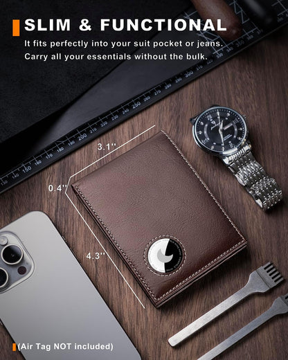 Men's Wallet with Airtag Holder, Bifold Full-Grain Leather Wallet for Apple Air Tag (1st & 2nd Generation), Slim Wallet for Men with RFID Blocking, 11 Card Slots