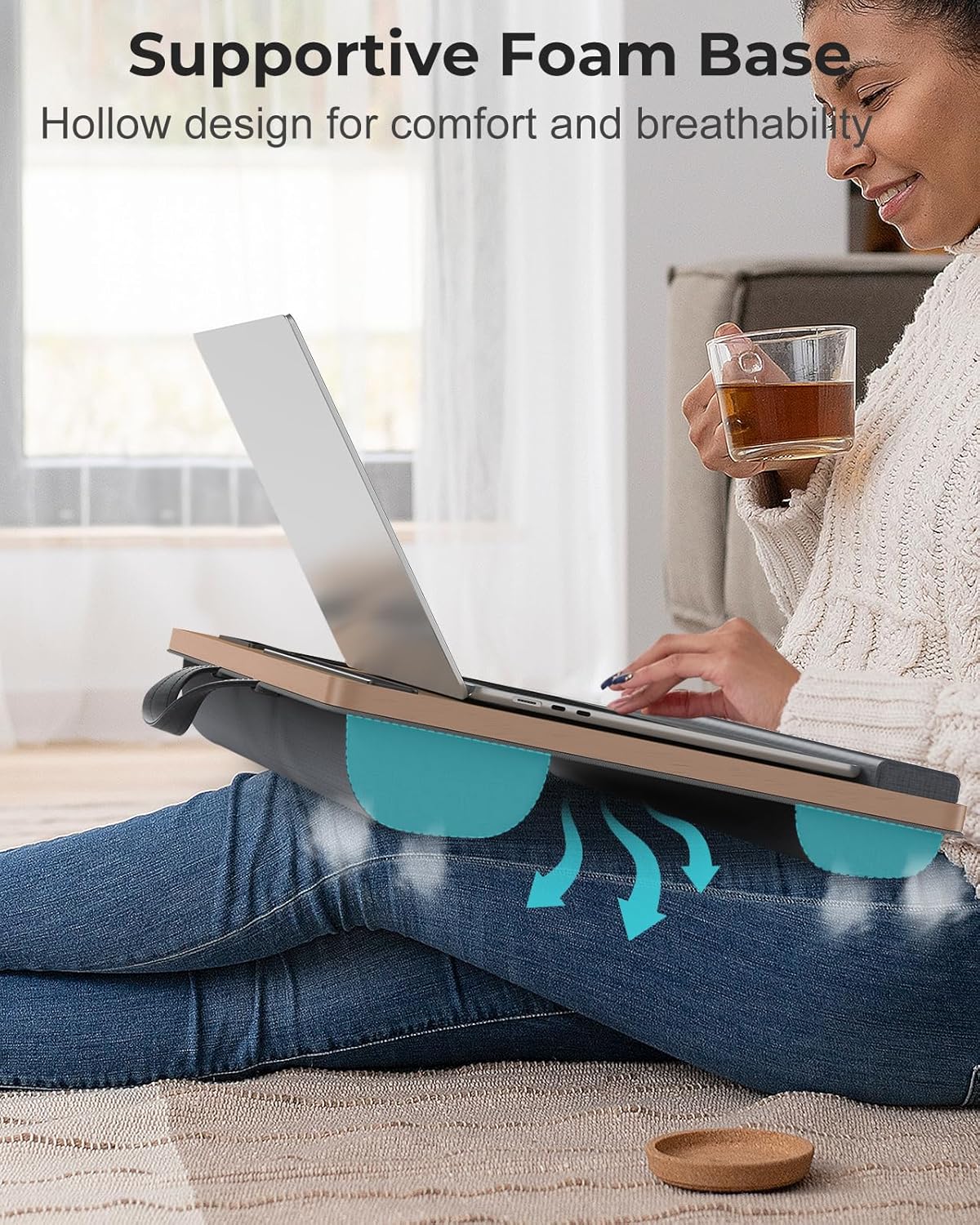 Potuopy Lap Desk - Up to 17” Laptop Tray with Wrist Rest, Portable Handle, Fixed Mouse Pad, Tablet & Phone Slots, Laptop Lap Desk with Cushion (Dark Brown)