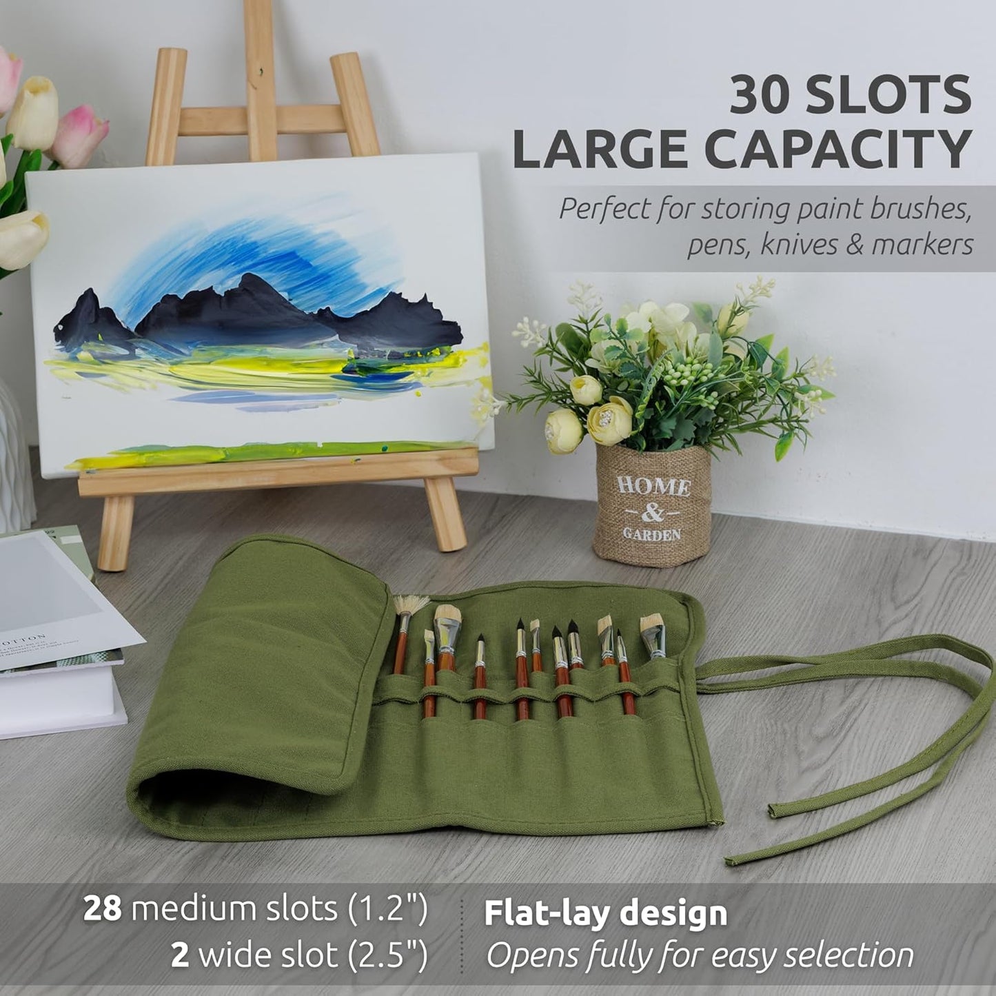 DUGATO 30-Slot Roll-Up Paint Brush Holder, Premium Canvas Brush Organizer for Artists, Washable Travel Brush Case for Watercolor, Acrylic, Pens & Art Supplies (Army Green) - Brushes not Included