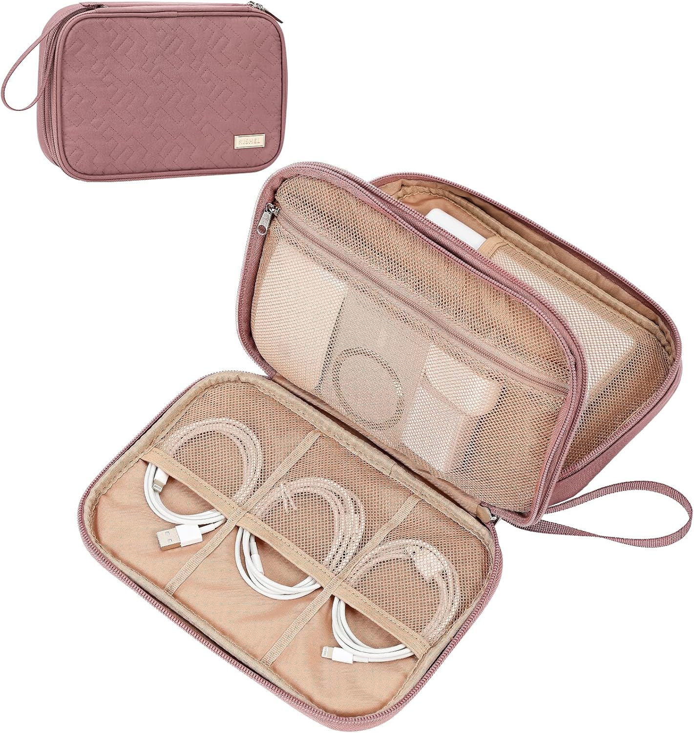 NISHEL Travel Cord Organizer Case, Double Layers Tech Electronic Bag, Essentials for Charger, Cable, Phone, Flash drive, Medium, Pink