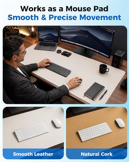Aothia Dual-Sided Desk Pad - 25.6x13.7 inches Leather Desk Mat, Natural Cork Desk Pad Protector, Large Mouse Pad for Desk, Waterproof Desk Blotter Pad, Desk Writing Pad for Office Work/Home, Black