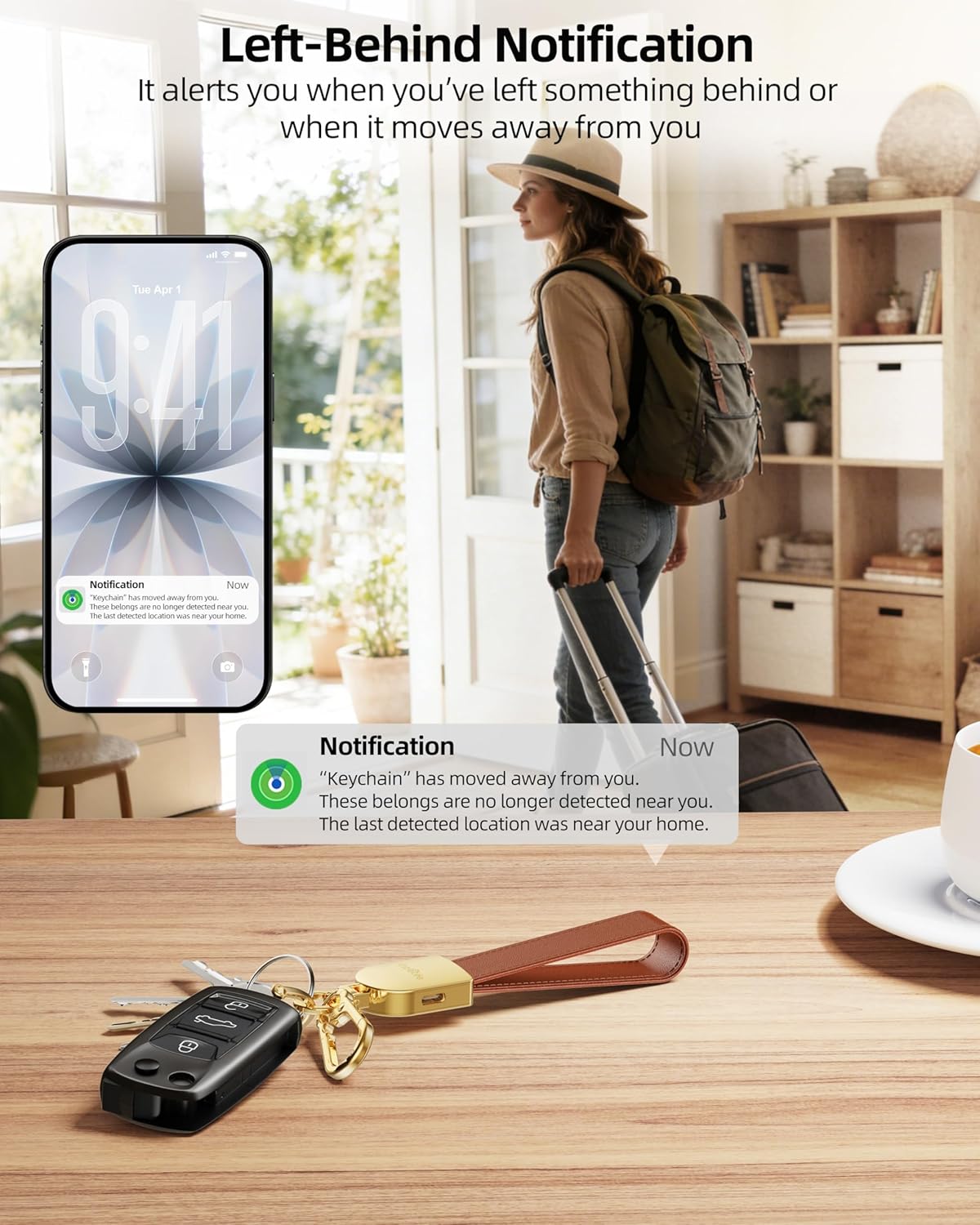 Keychain, Works with Apple Find My, Leather Car Keychain for Women and Men, Car Key Fob Holder, Key Chain with GPS Tracker, Anti-Lost Smart Keys Finder, Rechargeable, Black