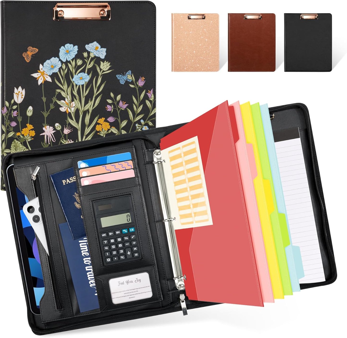 Ospelelf Zippered Padfolio Portfolio Folder, Leather Clipboard with Storage, 3 Ring Binder 1 Inch,12.1” Tablet Sleeve, 5 Dividers with Pocket, Refillable Notepad, Card Slot (Classic Black)